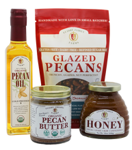 Load image into Gallery viewer, Gift Box #13: 500 ML Pecan Oil, 12oz Honey, 8oz Pecan Butter, 8 oz. Glazed Pecans
