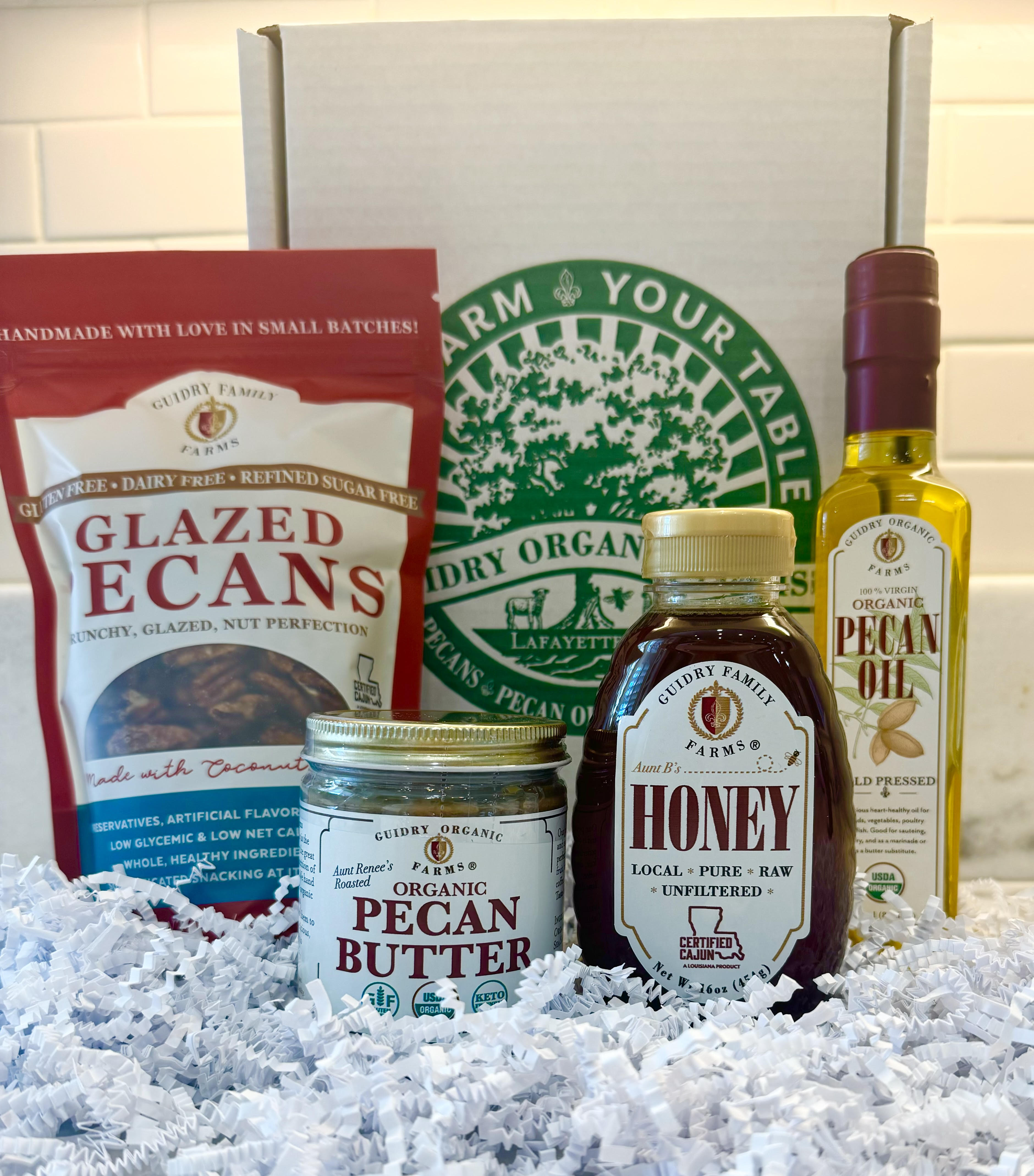 Gift Box #16: 8 oz Glazed Pecans, 8 oz Pecan Butter, 16 oz Honey, 250 mL Pecan Oil