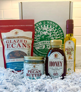Gift Box #16: 8 oz Glazed Pecans, 8 oz Pecan Butter, 16 oz Honey, 250 mL Pecan Oil