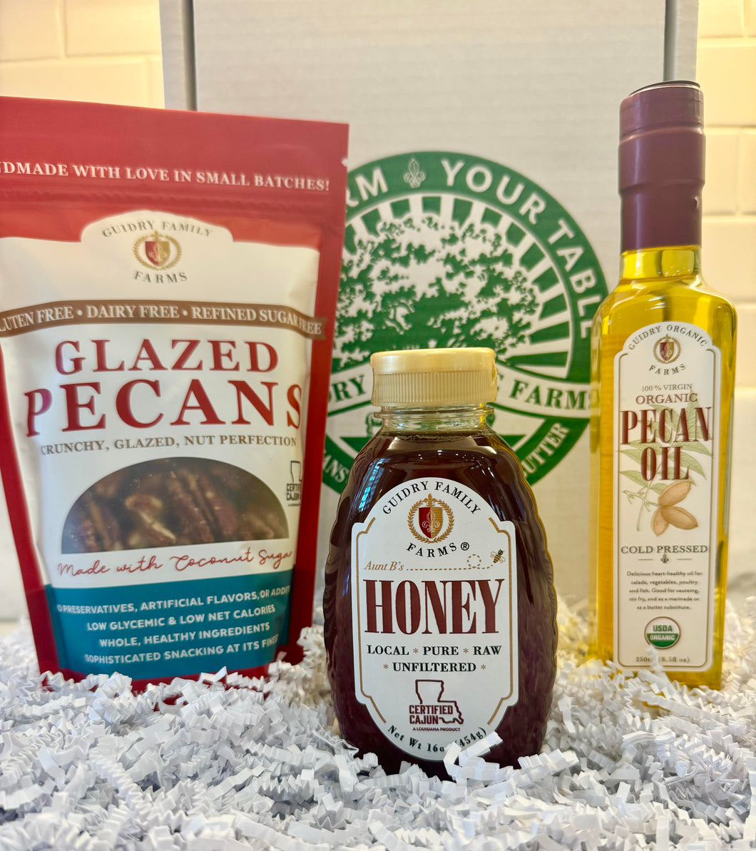 Gift Box #14: 8 oz Glazed Pecans, 16 oz Honey, 250 mL Pecan Oil