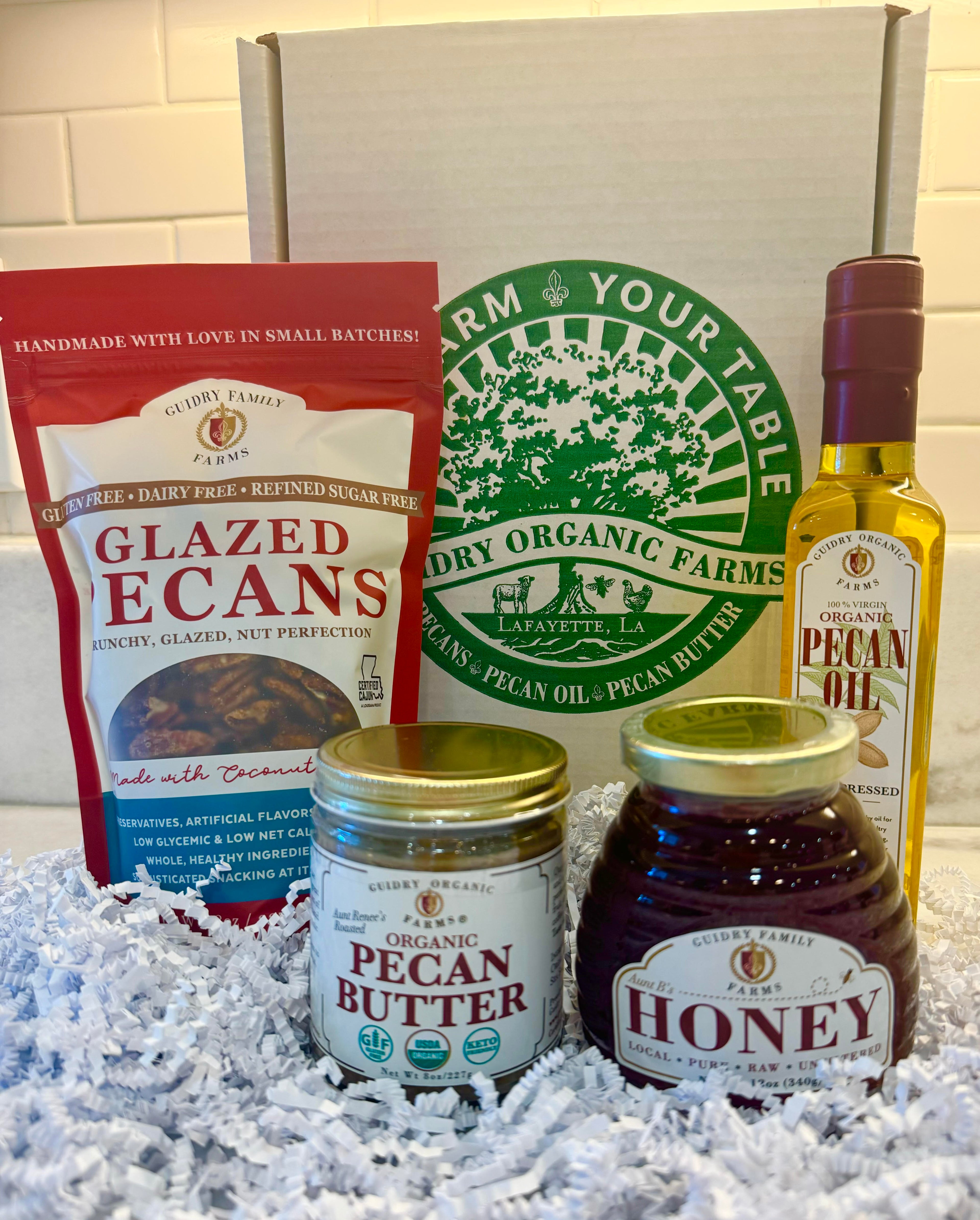 THE FAVORITES BOX - Gift Box #15: 8 oz Glazed Pecans, 8 oz Pecan Butter, 12 oz Honey, 250 mL Pecan Oil
