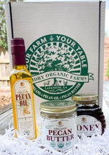 Load image into Gallery viewer, Gift Box #12: 250 mL Pecan Oil, 8oz Pecan Butter, 12 oz Raw Honey - Guidry Organic Farms
