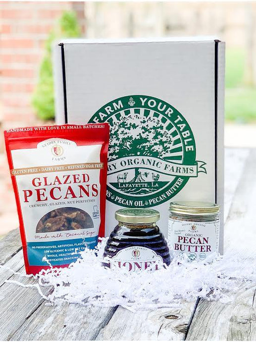 Gift Box #11: 8oz Pecan Butter, 12oz Local Honey, 12oz Glazed Pecans - Guidry Organic Farms