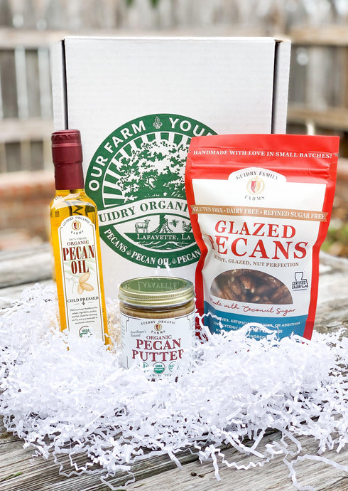 Gift Box #3: 250mL Pecan Oil, 8oz Glazed Pecans, 8oz Pecan Butter - Guidry Organic Farms