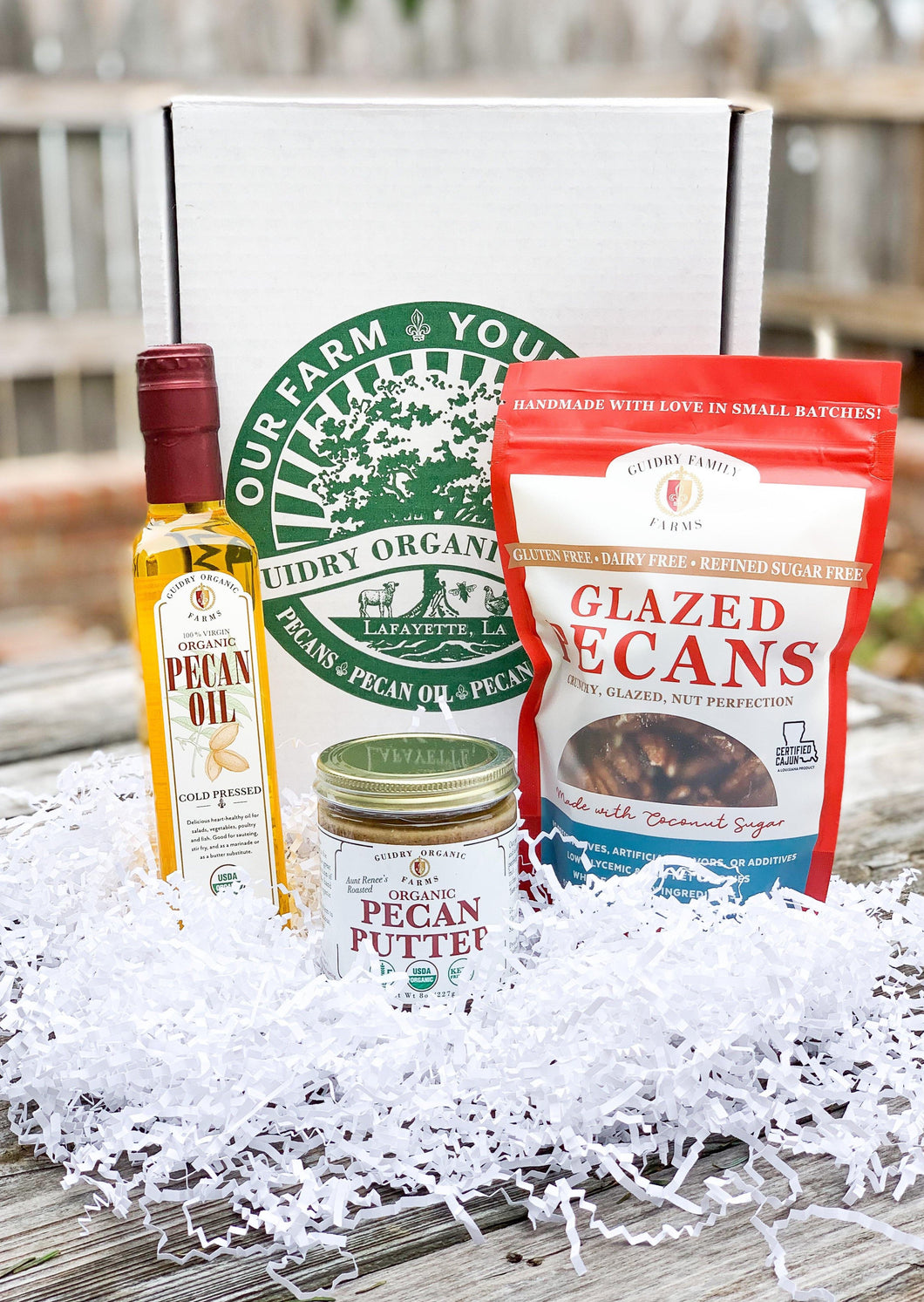 Gift Box #3: 250mL Pecan Oil, 8oz Glazed Pecans, 8oz Pecan Butter - Guidry Organic Farms