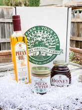 Load image into Gallery viewer, Gift Box #4: 500 mL Pecan Oil, 8oz Pecan Butter, 12oz Raw Honey - Guidry Organic Farms
