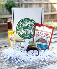 Load image into Gallery viewer, Gift Box #13: 250mL Pecan Oil, 12oz Honey, 8oz Pecan Butter, Glazed Pecans - Guidry Organic Farms
