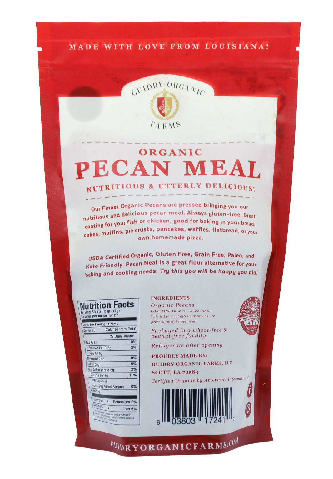 USDA Certified Organic Pecan Meal (Paleo, Grain Free, Keto Friendly, Gluten Free) 16 oz.