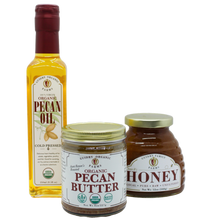 Load image into Gallery viewer, Gift Box #12: 500ML Pecan Oil, 8oz Pecan Butter, 12 oz Raw Honey
