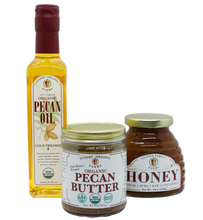 Load image into Gallery viewer, Gift Box #12: 250 mL Pecan Oil, 8oz Pecan Butter, 12 oz Raw Honey
