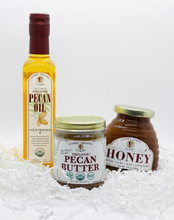 Load image into Gallery viewer, Gift Box #12: 250ML Pecan Oil, 8oz Pecan Butter, 12 oz Raw Honey
