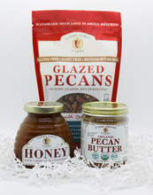 Load image into Gallery viewer, Gift Box #11: 8oz Pecan Butter, 12oz Local Honey, 8oz Glazed Pecans
