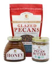 Load image into Gallery viewer, Gift Box #11: 8oz Pecan Butter, 12oz Local Honey, 8oz Glazed Pecans
