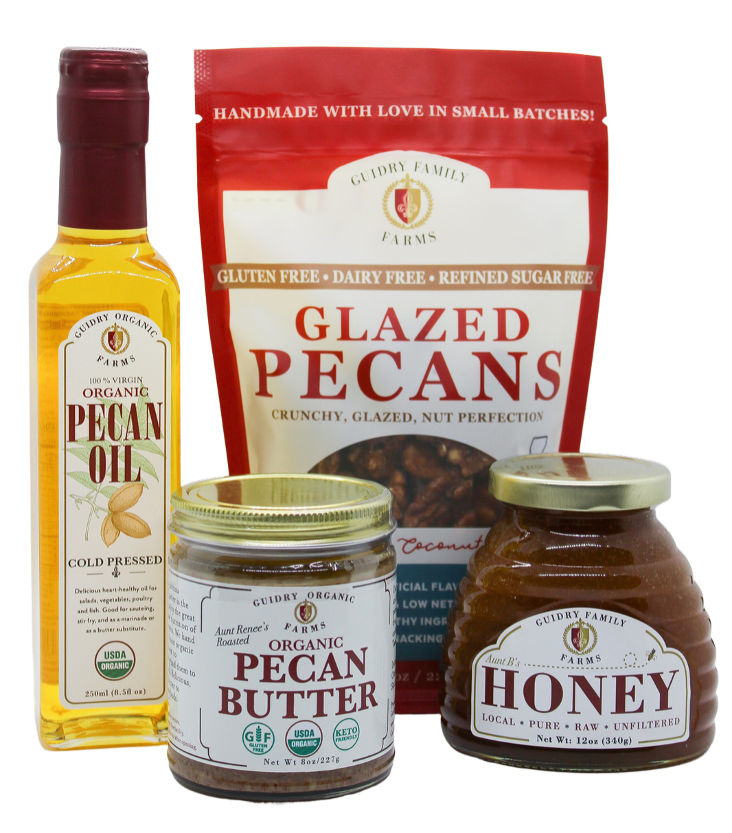 Gift Box #13: 250ML Pecan Oil, 12oz Honey, 8oz Pecan Butter, 8 oz. Glazed Pecans