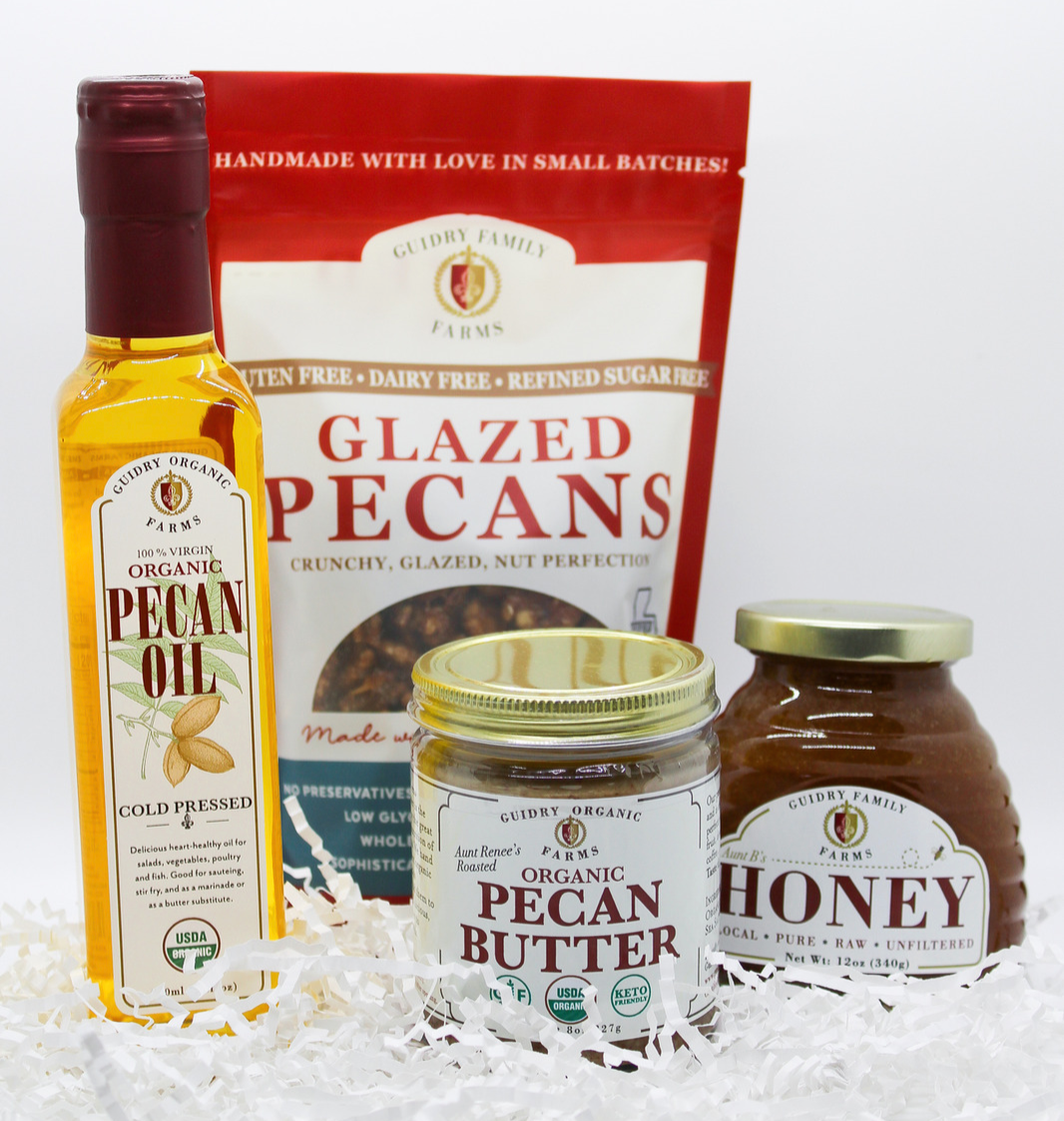 Gift Box #13: 250ML Pecan Oil, 12oz Honey, 8oz Pecan Butter, 8 oz. Glazed Pecans
